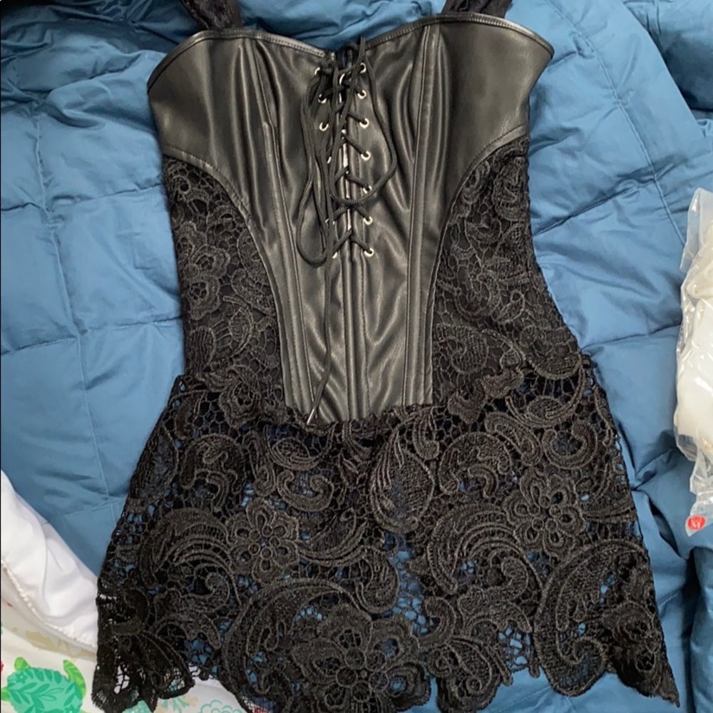 Black faux leather and lace corset